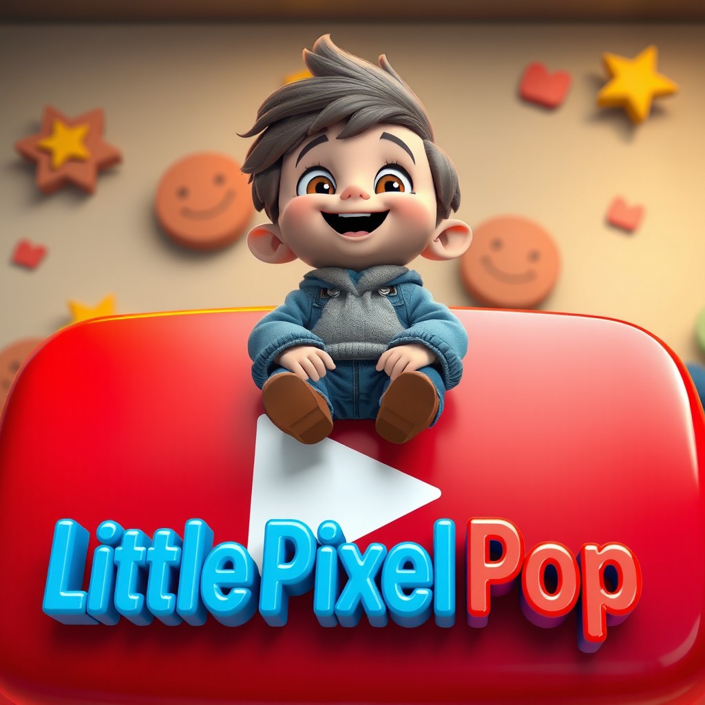A funny cartoon-style boy sitting on a large YouTube play button, looking up with a bright, cheerful smile