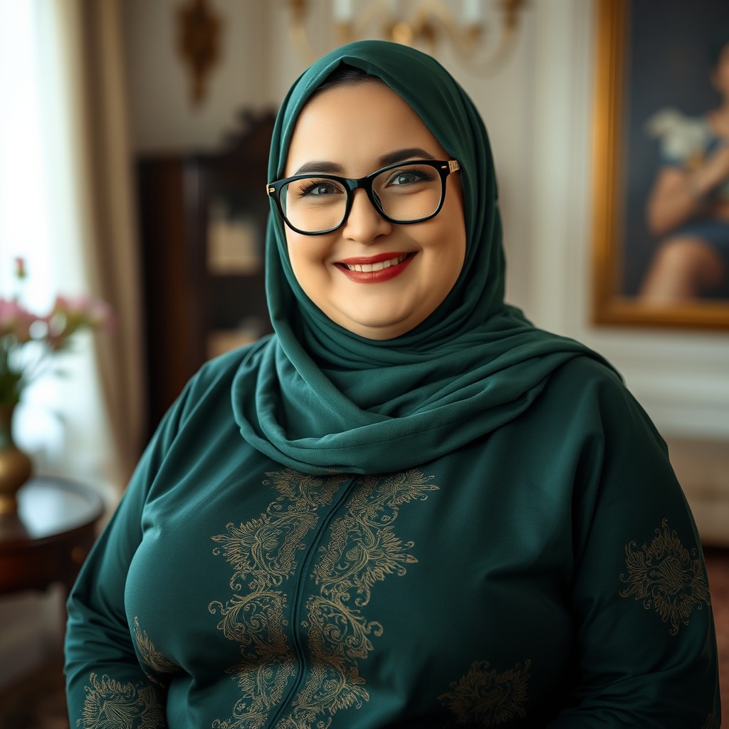 A captivating portrait of a sweet and chubby 50-year-old Russian woman, wearing a vibrant green hijab