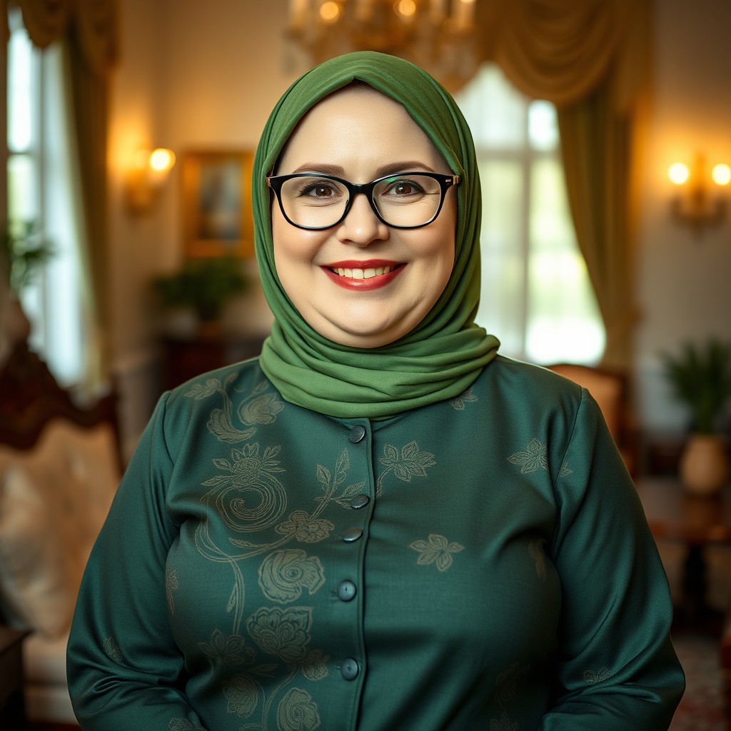 A captivating portrait of a sweet and chubby 50-year-old Russian woman, wearing a vibrant green hijab