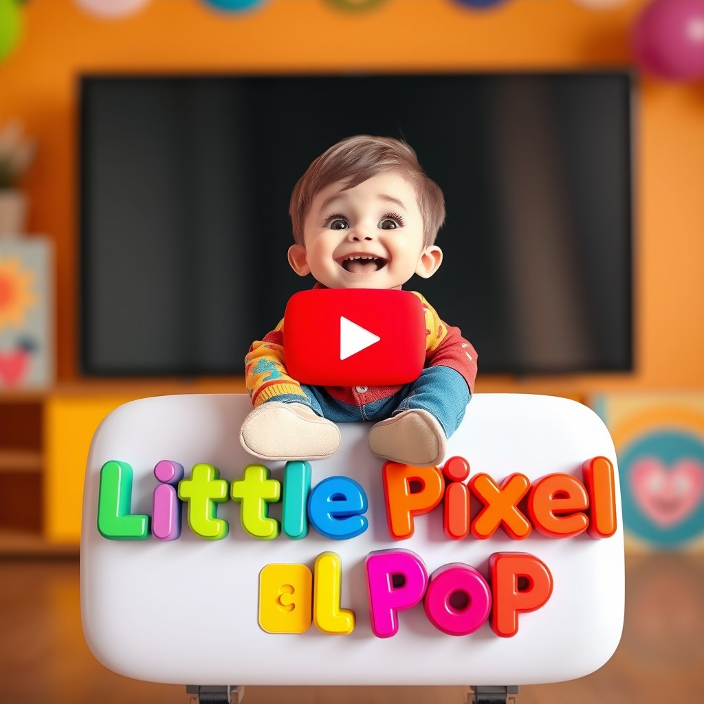 A funny boy sitting on a large YouTube play button, smiling joyfully while looking at the viewer