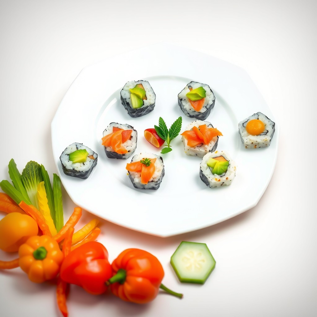 A beautifully arranged dish featuring hexagon-shaped food items, such as hexagonal sushi pieces scattered artfully across a white plate