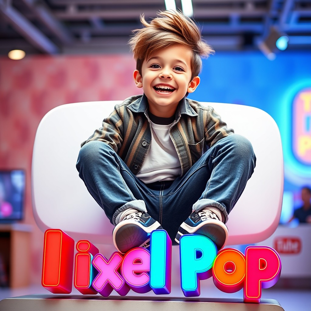 A cheerful 12-year-old boy sitting on a large YouTube play button, smiling joyfully as he looks at the viewer