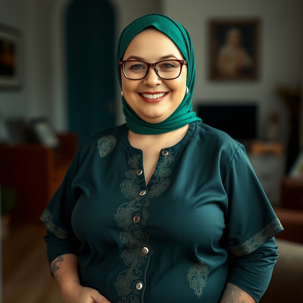 A cheerful, plump Russian woman in her 50s, wearing a green hijab, displays a happy and flirtatious smile
