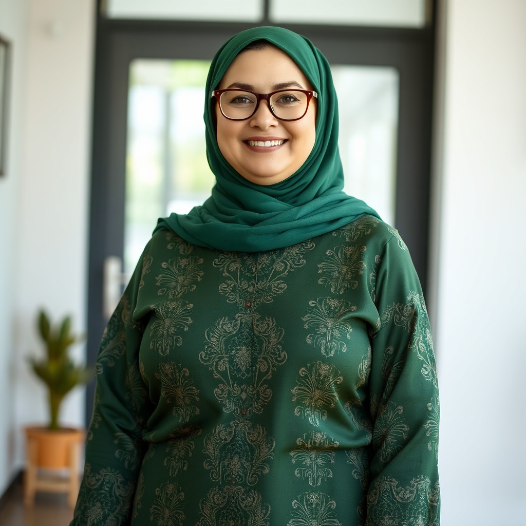 A cheerful, plump Russian woman in her 50s, wearing a green hijab, with a delightful and flirtatious smile