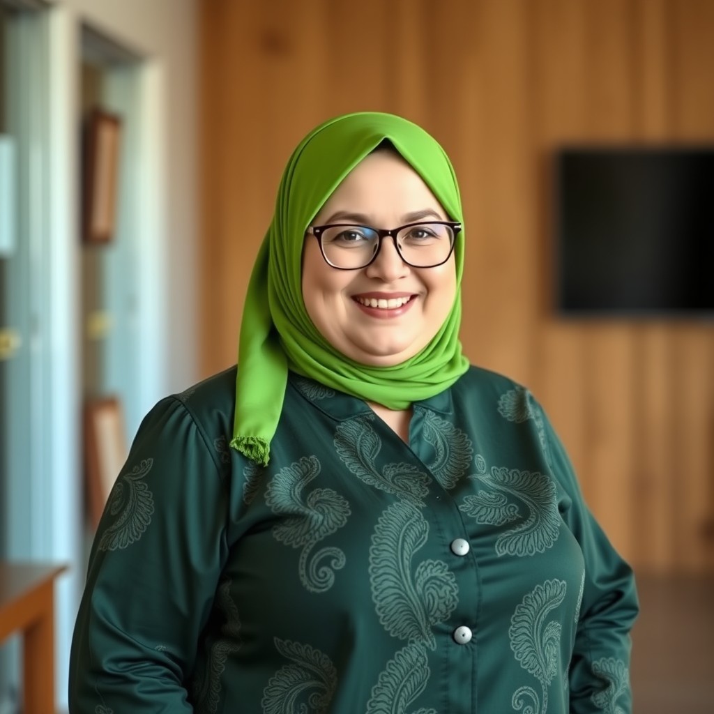 A cheerful, plump Russian woman in her 50s, wearing a vibrant green hijab, with a joyful and playful smile