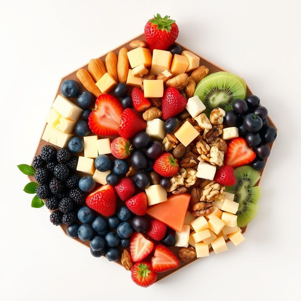 A stunning arrangement of various foods displayed in a hexagon shape