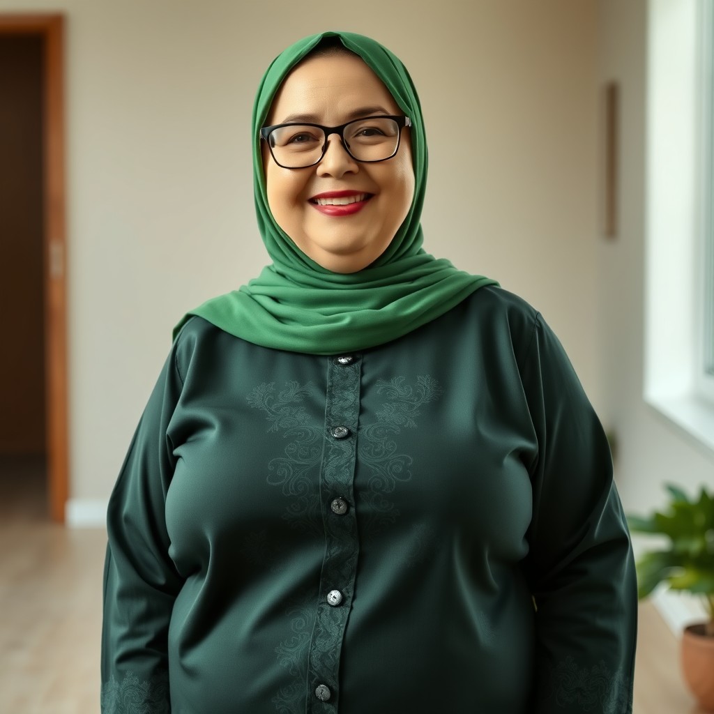 A cheerful, plump Russian woman in her 50s, wearing a vibrant green hijab and exuding a happy, playful smile
