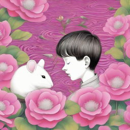 An enchanting book cover art featuring a boy and a white mouse intensely gazing at each other on a vivid pink flower, intricately set against a labyrinth backdrop. Inscribed at the top is 'Flowers for Algernon'