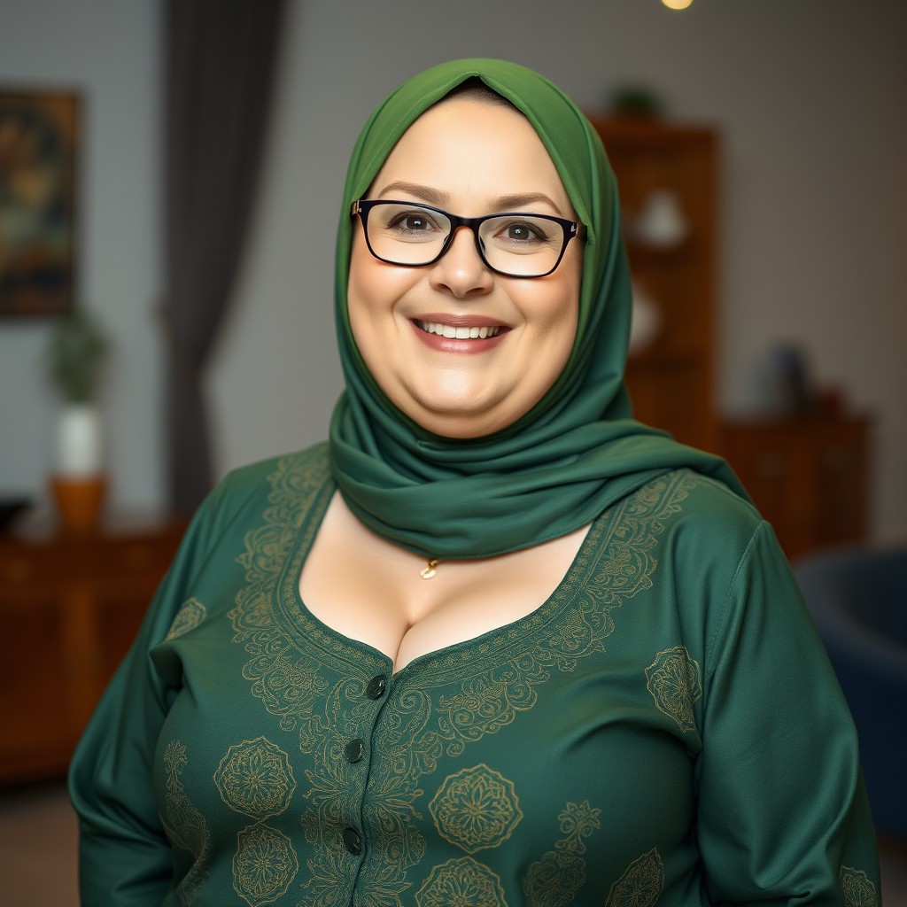 A cheerful, plump Russian woman in her 50s, wearing a vibrant green hijab, with a sweet and playful smile