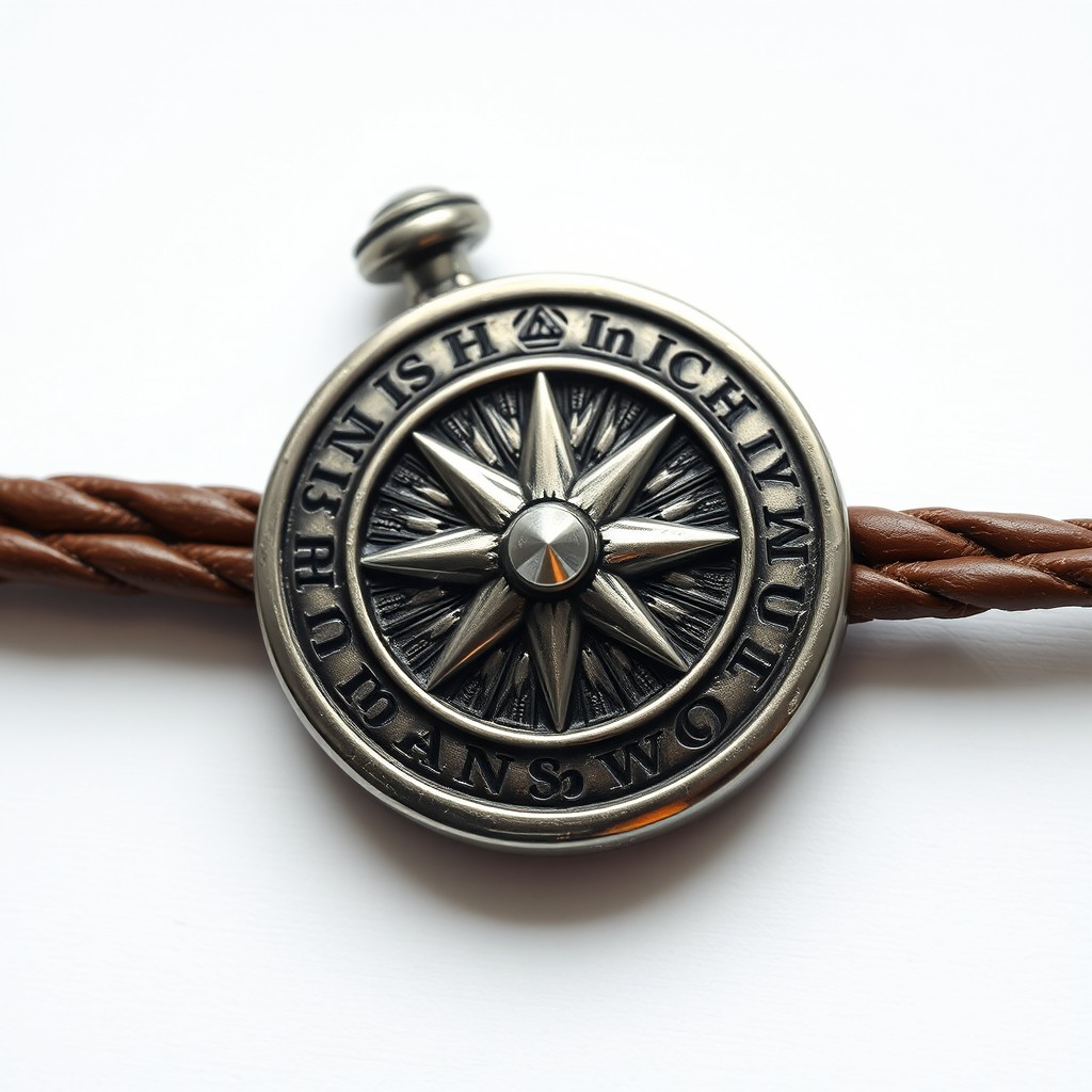 A beautifully crafted silver compass rose on a leather cord, intricately engraved with ancient runes that signify tracking and protection