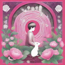 An enchanting book cover art featuring a boy and a white mouse intensely gazing at each other on a vivid pink flower, intricately set against a labyrinth backdrop. Inscribed at the top is 'Flowers for Algernon'