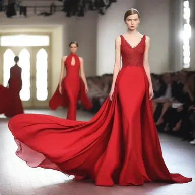 Her ardent red dress set the fashion runway ablaze.