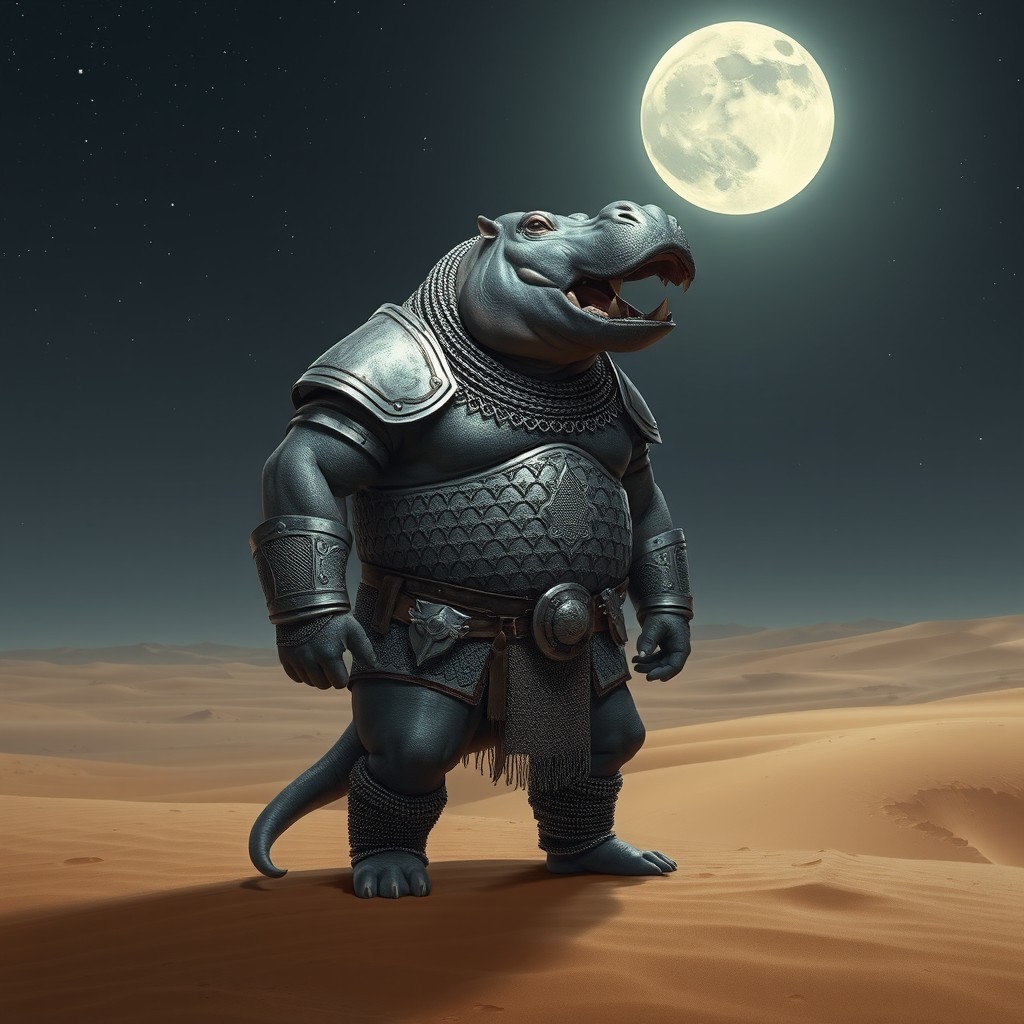 A stoic hippo-person warrior wearing intricately detailed chain mail armor, standing confidently in a vast desert landscape under a starry night sky