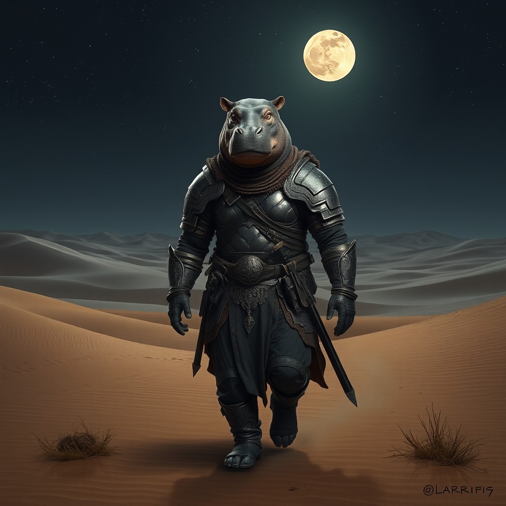 A heroic warrior with a realistic hippo head, dressed in intricate armor, confidently walking through a vast desert at night