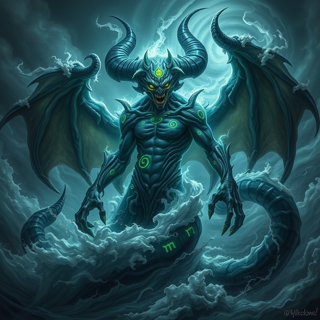 A majestic and terrifying demon stands amidst a turbulent storm, embodying the essence of drowned knowledge and cursed ink