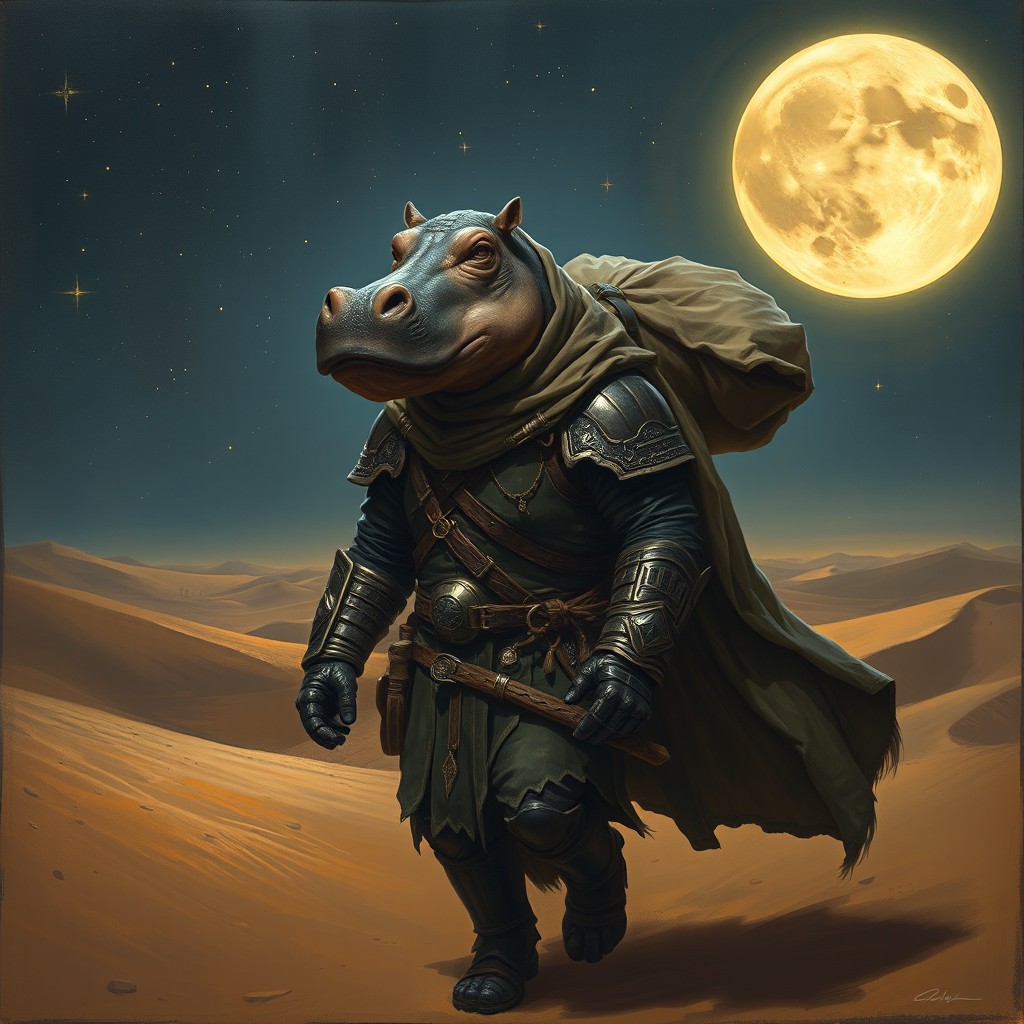 An artistic painting of a stoic warrior with a realistic hippo head, walking resolutely through a vast desert at night