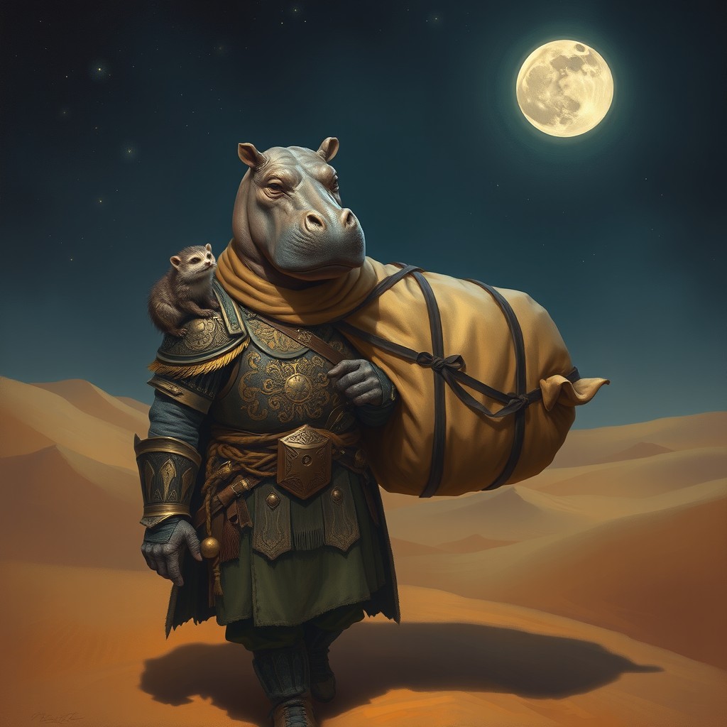 An artistic painting depicting a stoic warrior with a realistic hippo head, walking through a vast desert at night