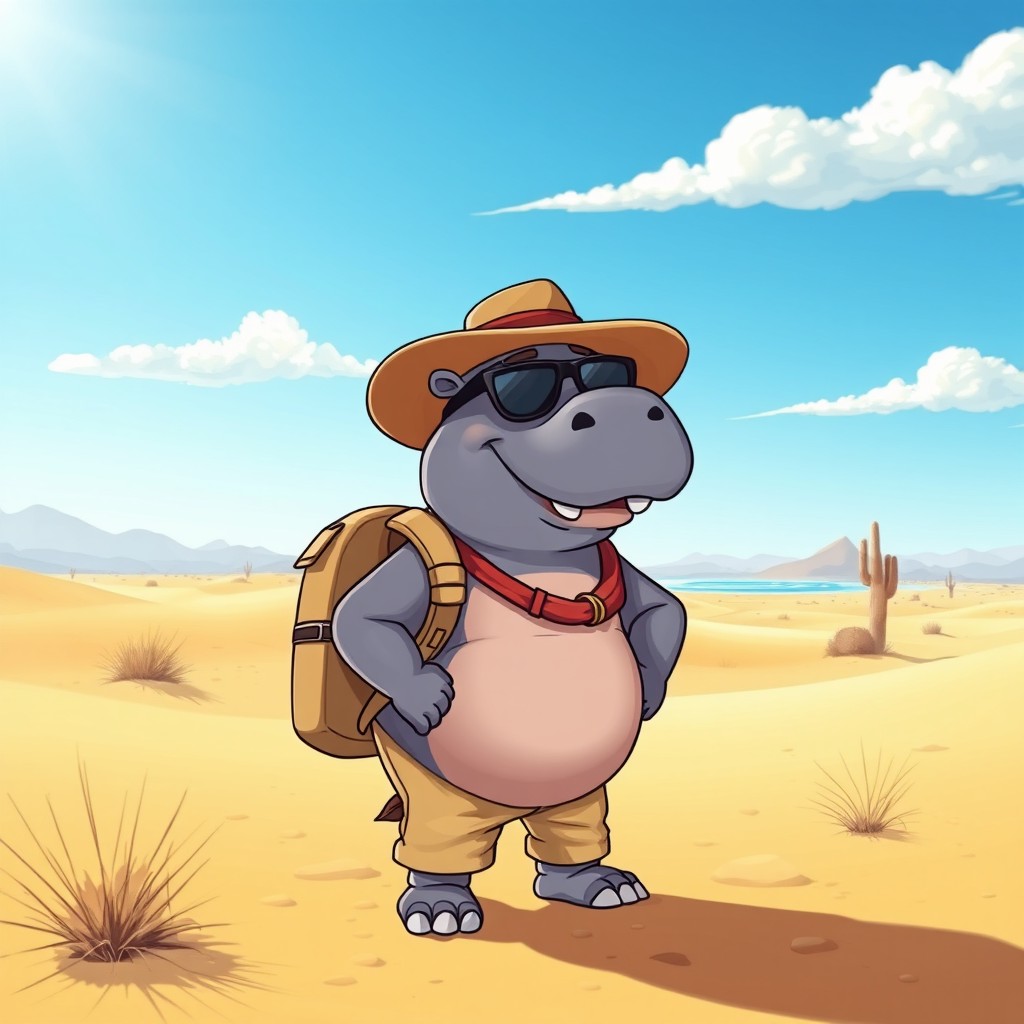 A whimsical scene featuring a humanoid hippo character dressed in desert explorer attire