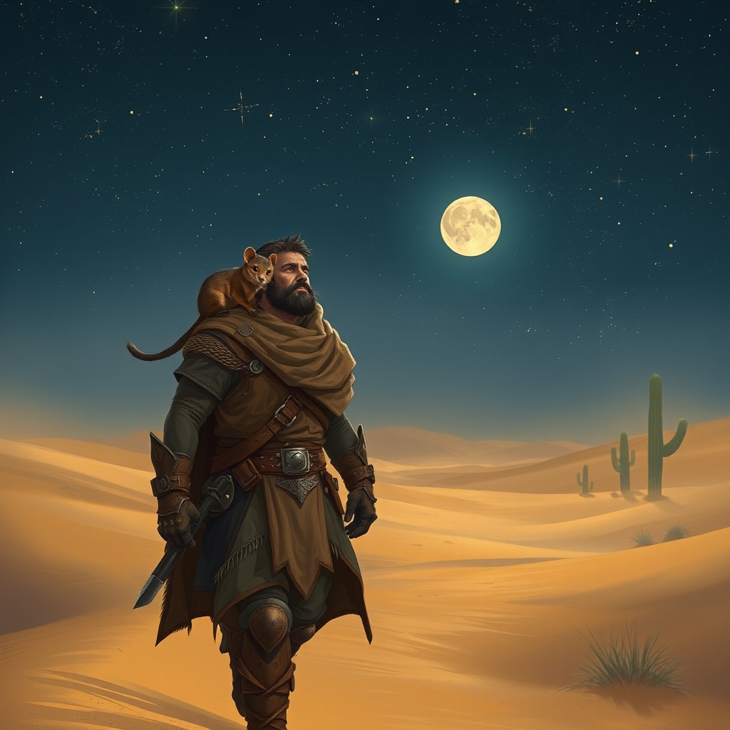 A brave warrior walking through a vast, golden desert landscape at night, with a small weasel perched on his shoulder