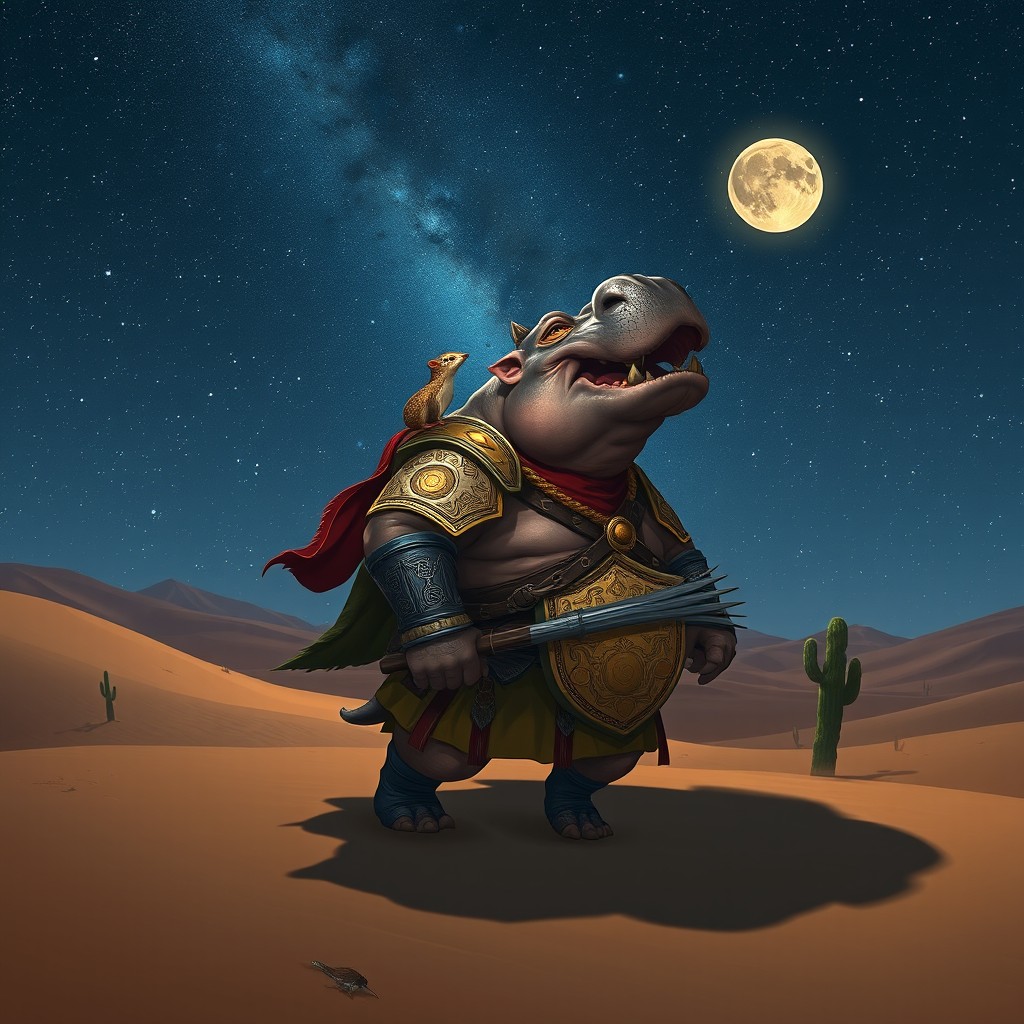 A formidable hippo warrior making his way through a vast, arid desert at night, with a small weasel comfortably resting on his shoulder