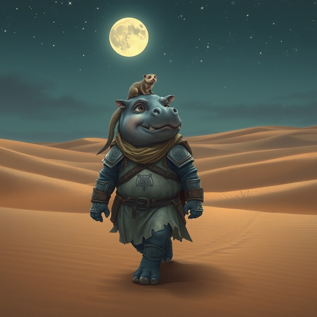A whimsical hippo-person warrior trudging through a vast and sandy desert under a dreamy night sky, with a playful ferret perched on his shoulder