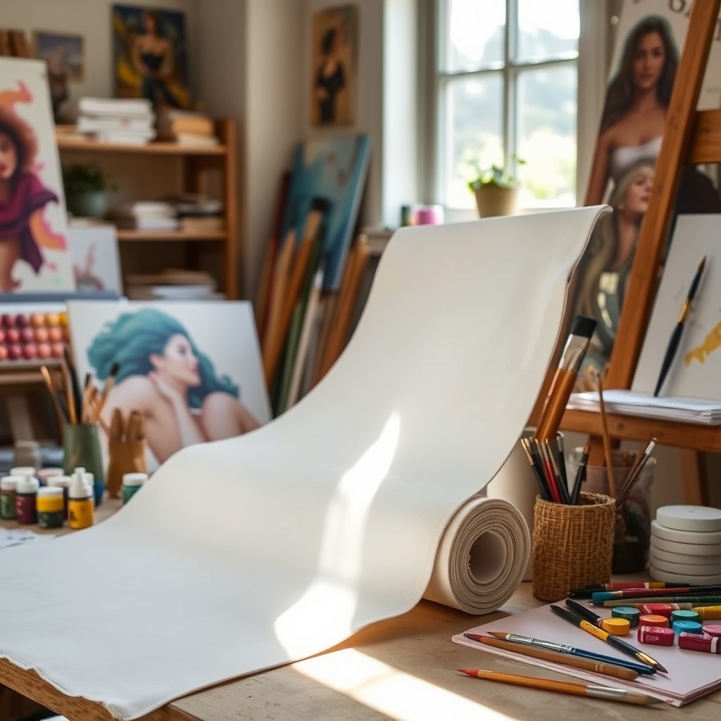 A richly textured cotton canvas roll displayed in an artist's studio, highlighting the natural fibers and softness of the material