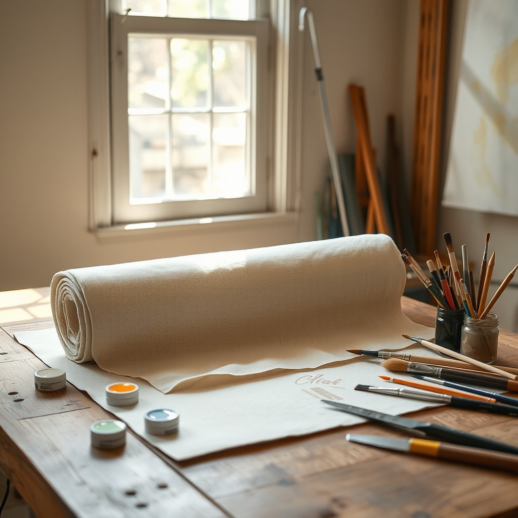 A beautifully arranged cotton canvas roll sitting on a wooden artist's table, with the canvas partially unrolled to reveal its soft, textured surface