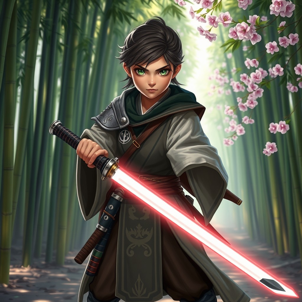 A youthful warrior, embodying the fierce spirit of a samurai and the mystical abilities of a Jedi