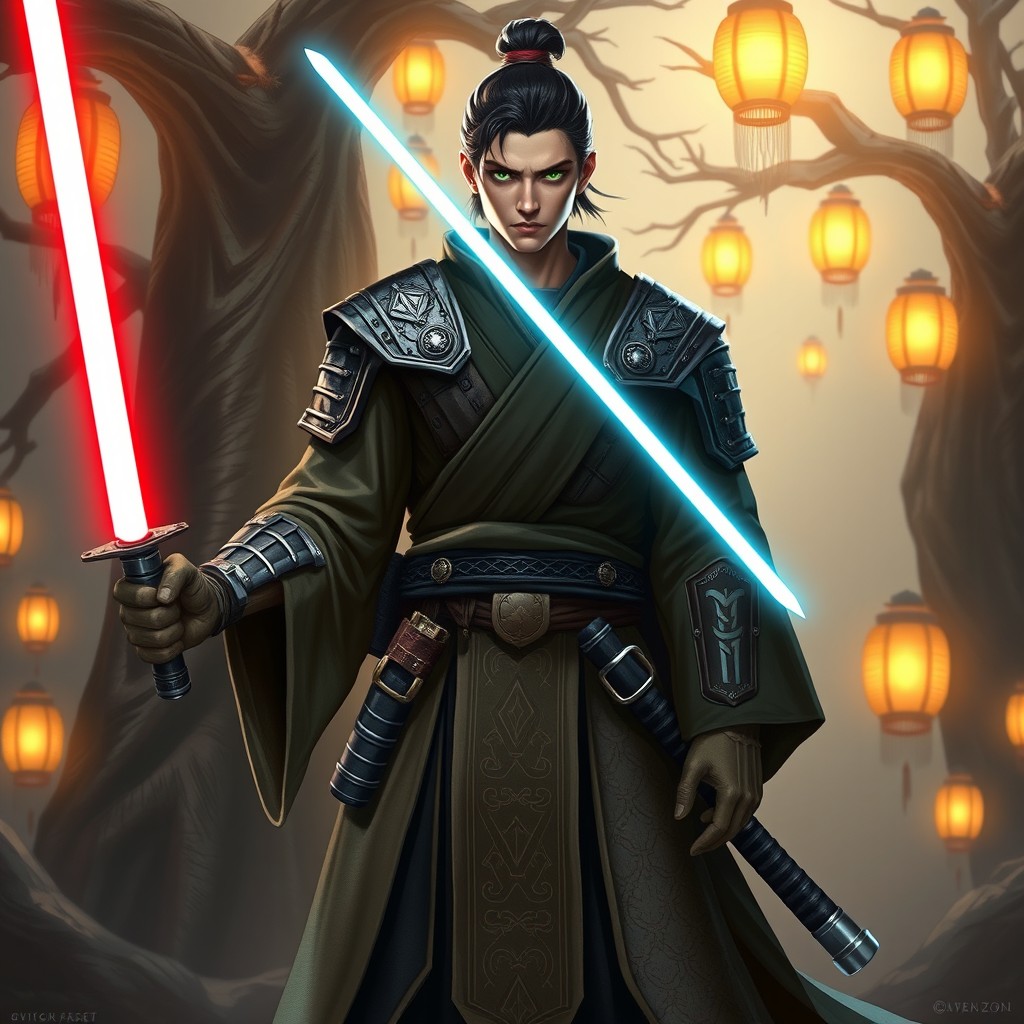 A striking character design of a man who is half samurai and half Jedi