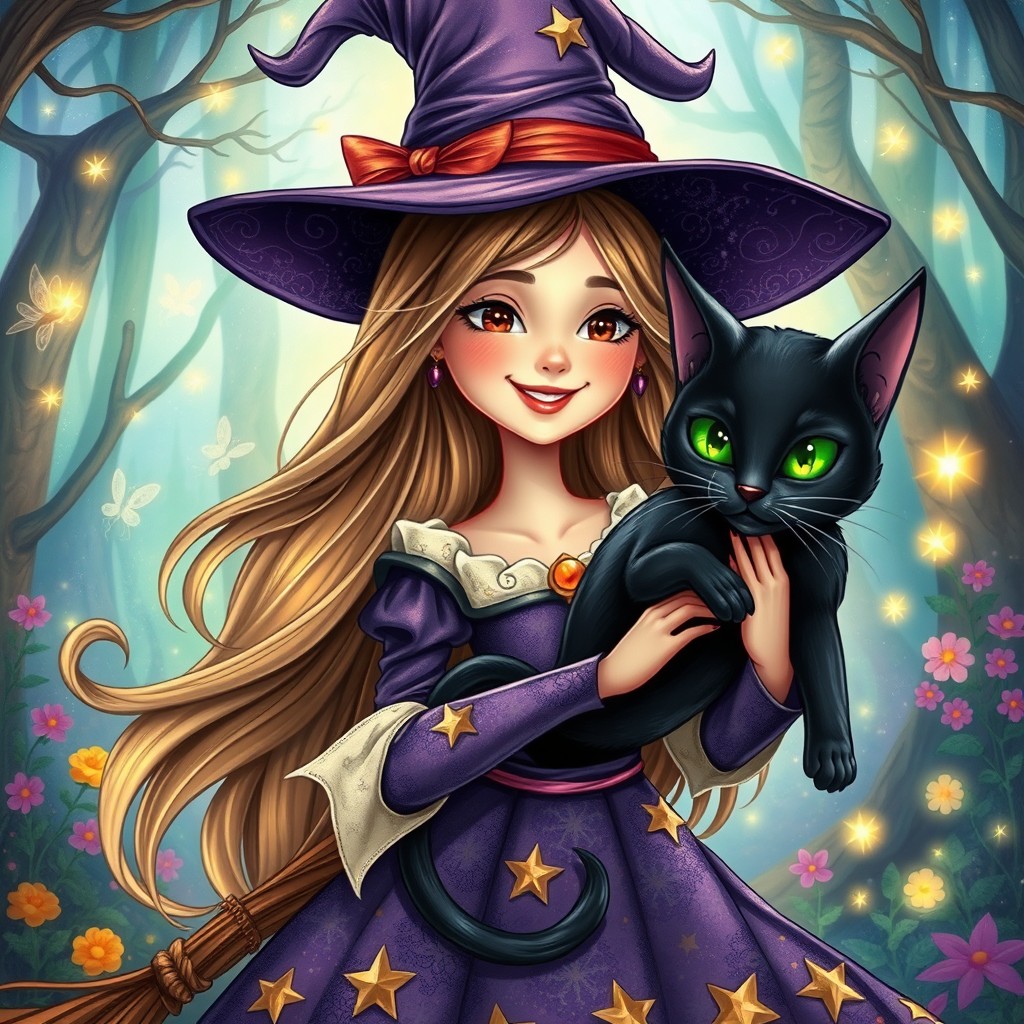 A whimsical depiction of a good witch in a vibrant, magical setting