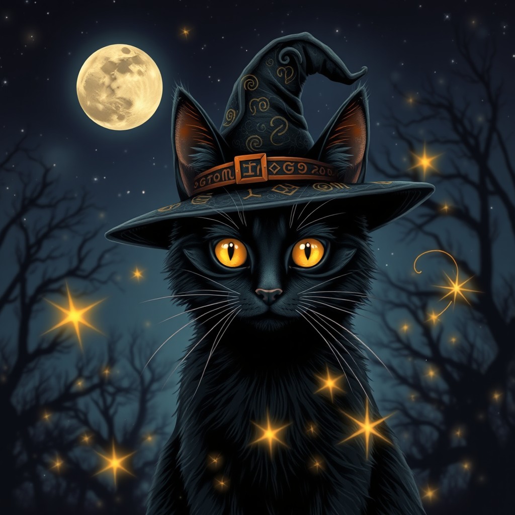 A captivating image of a black cat witch, portrayed as an enchanting feline adorned with a tiny, intricate witch's hat