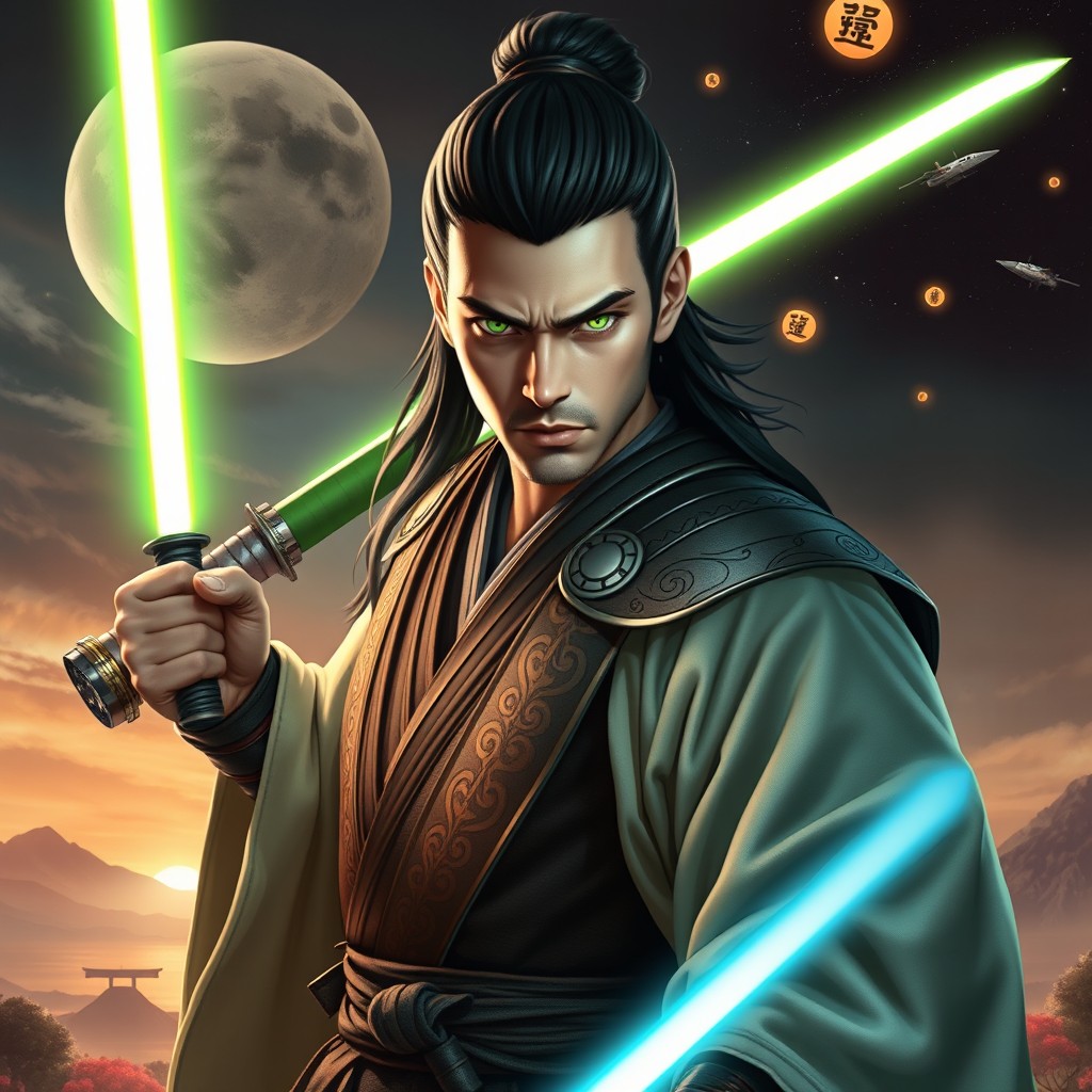 An impressive character portrait of a man who embodies both a samurai and a Jedi