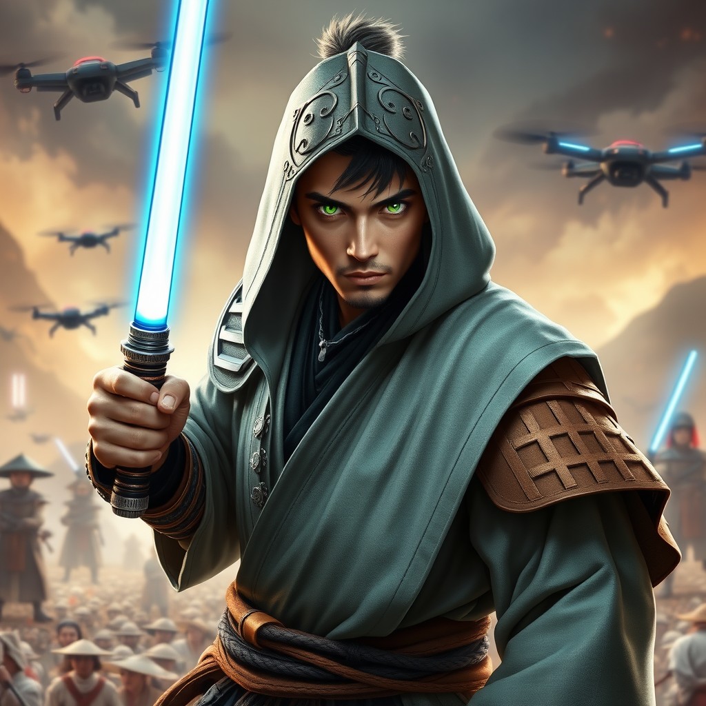 A striking character depiction of a man who is half samurai and half Jedi