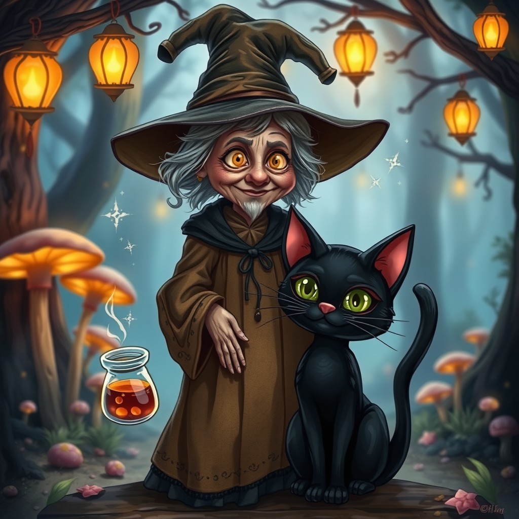A whimsical portrayal of an elderly half-witch, half-black cat character, exuding a charm of magic and wisdom