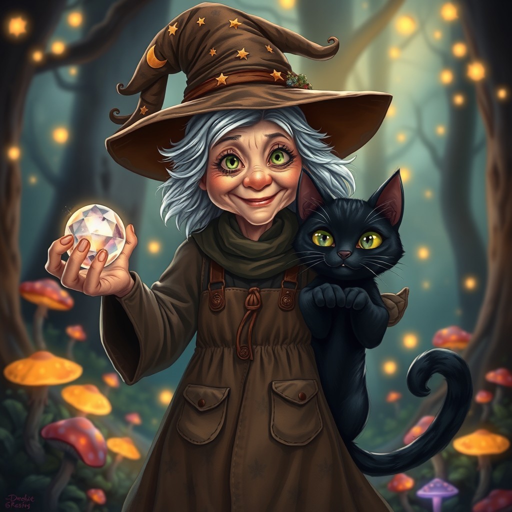 A charming depiction of an elderly half-witch, half-black cat character, radiating warmth and magical allure