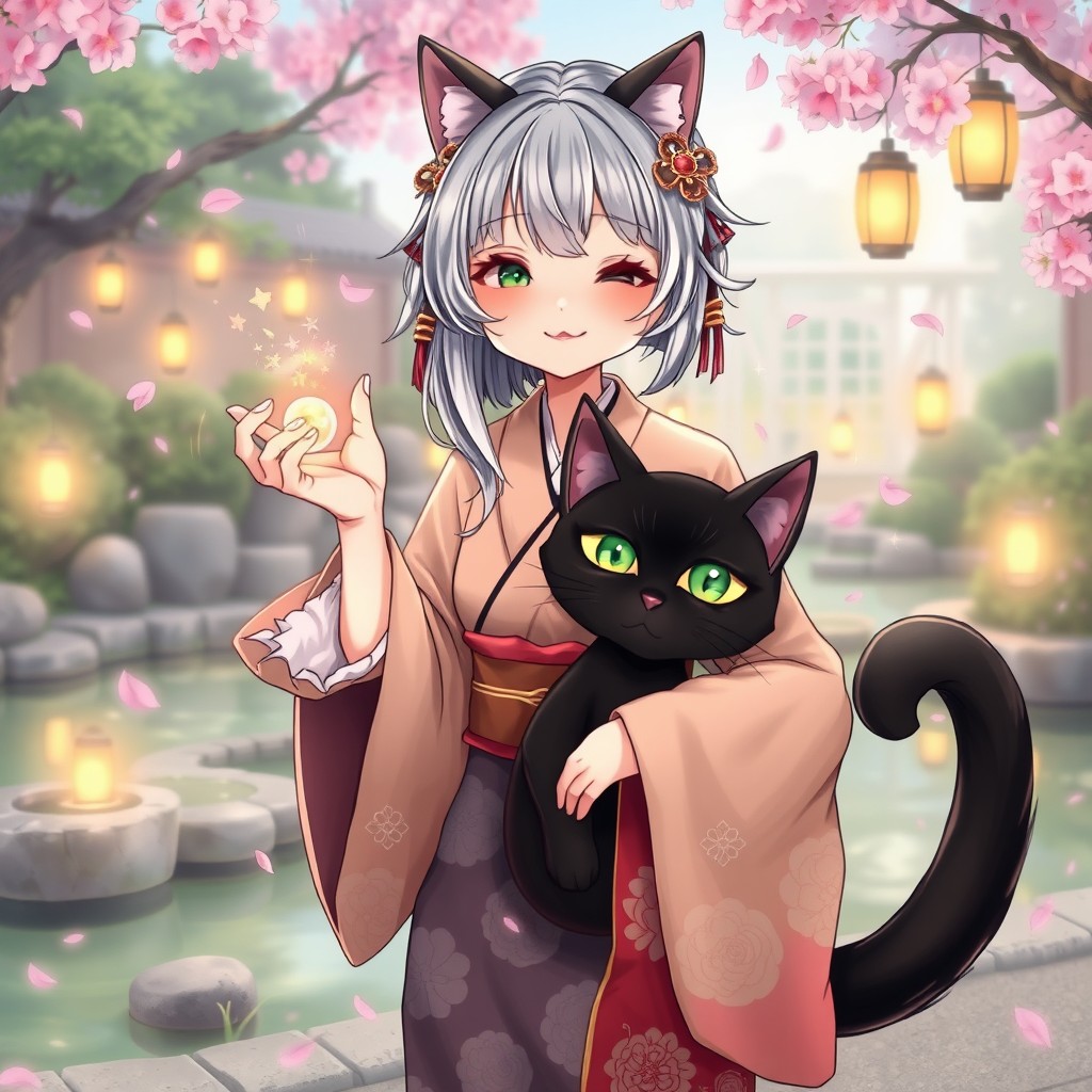 A delightful illustration of an elderly Japanese half-witch, half-black cat character