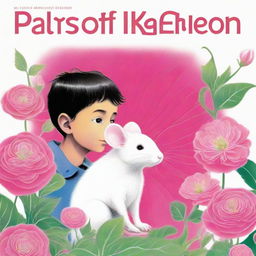 A fascinating book cover art depicting a boy and a white mouse sharing a gaze on a bright pink flower, set against a clean white labyrinth background. The inscription 'Flowers for Algernon' is prominently featured at the top