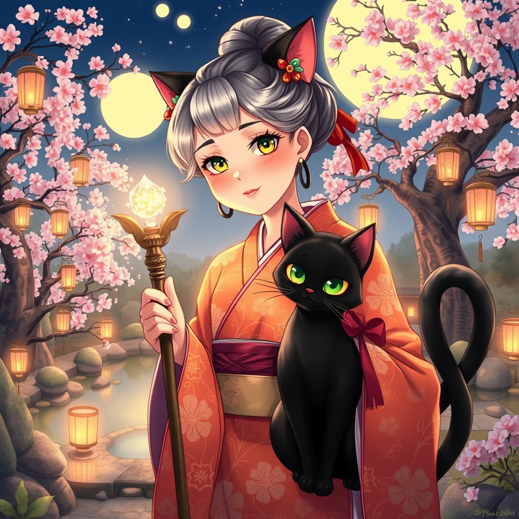 A captivating illustration of a good-natured old Japanese half-witch, half-black cat character