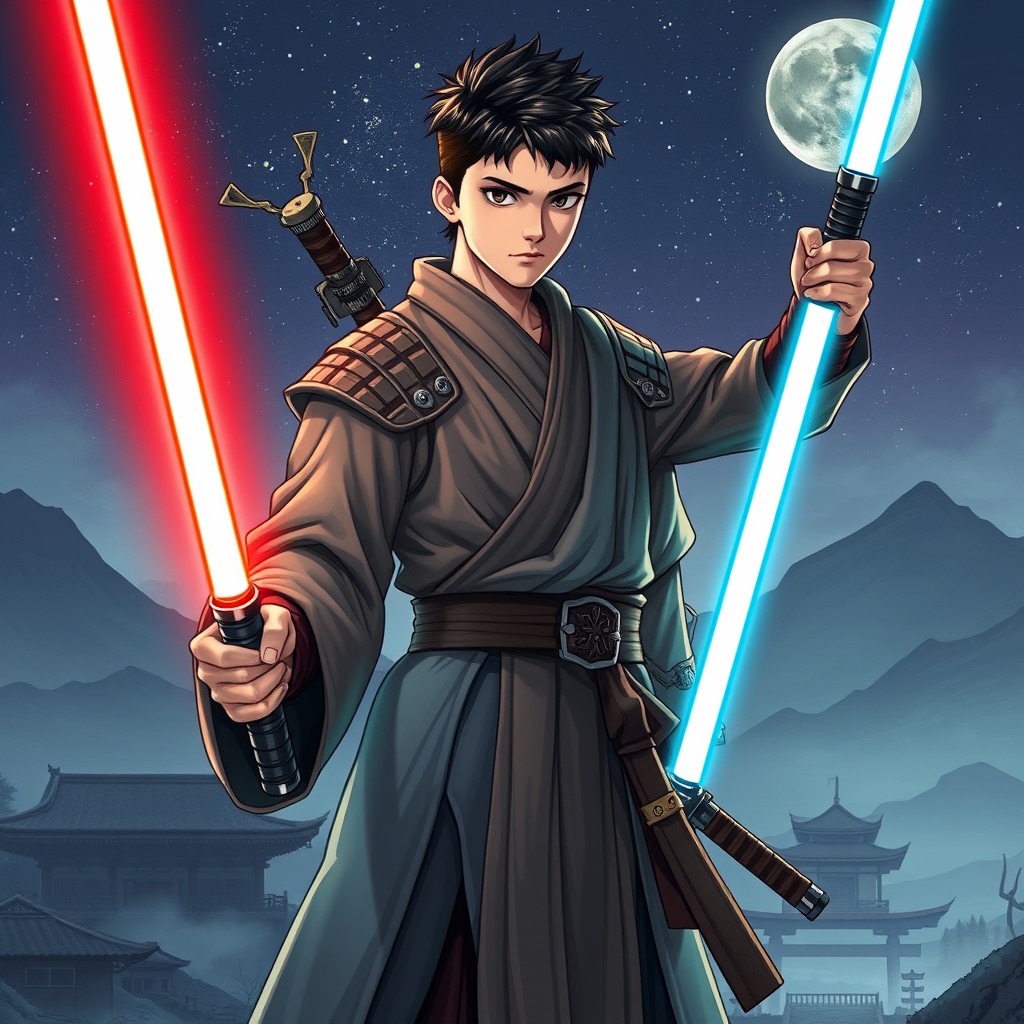 A striking illustration of a young man who embodies the essence of both a Jedi and a Samurai