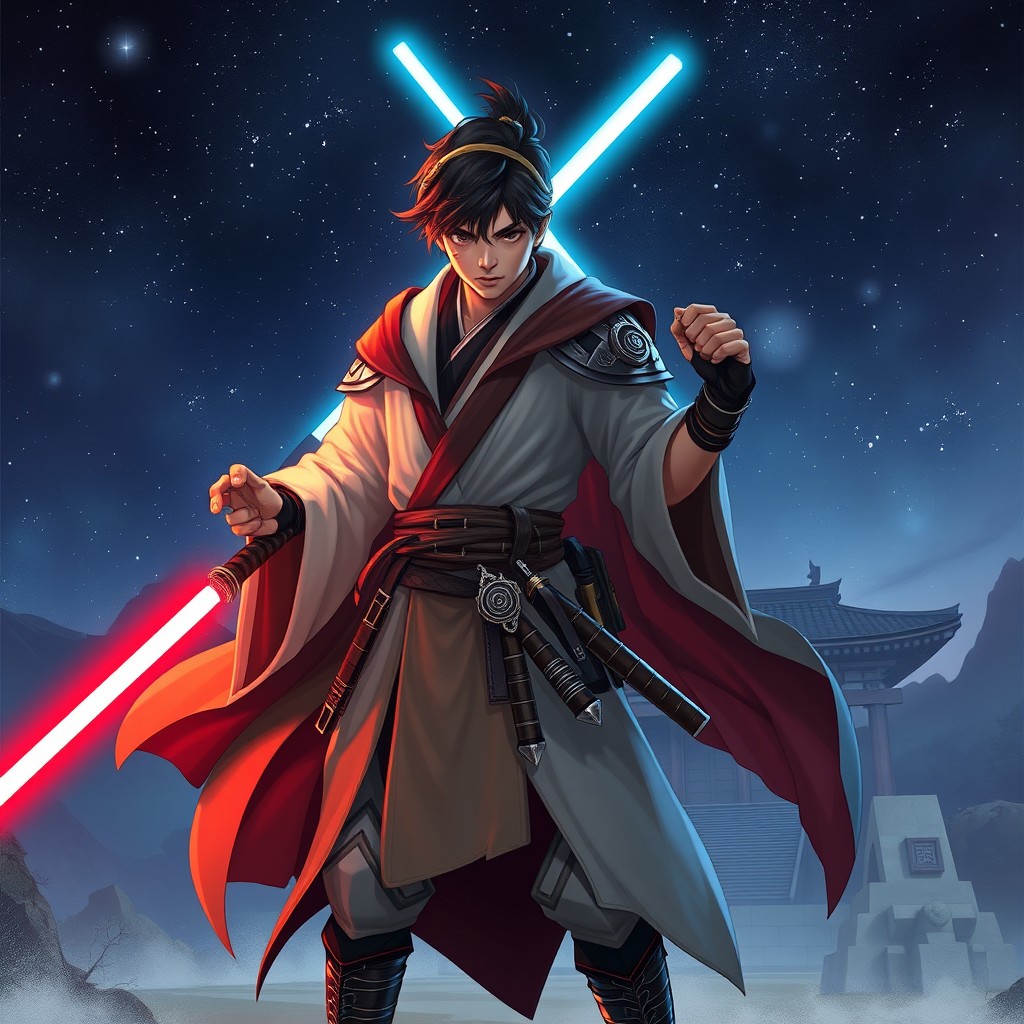 A visually striking character design of a young man who is half Jedi and half Samurai