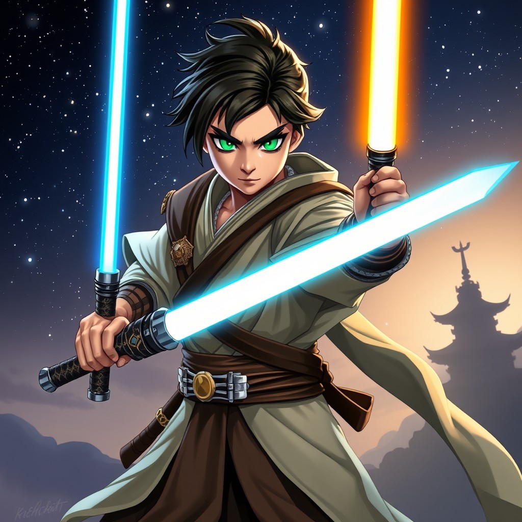 A visually striking character design of a young man who is half Jedi and half Samurai, featuring vibrant green eyes that shine with determination