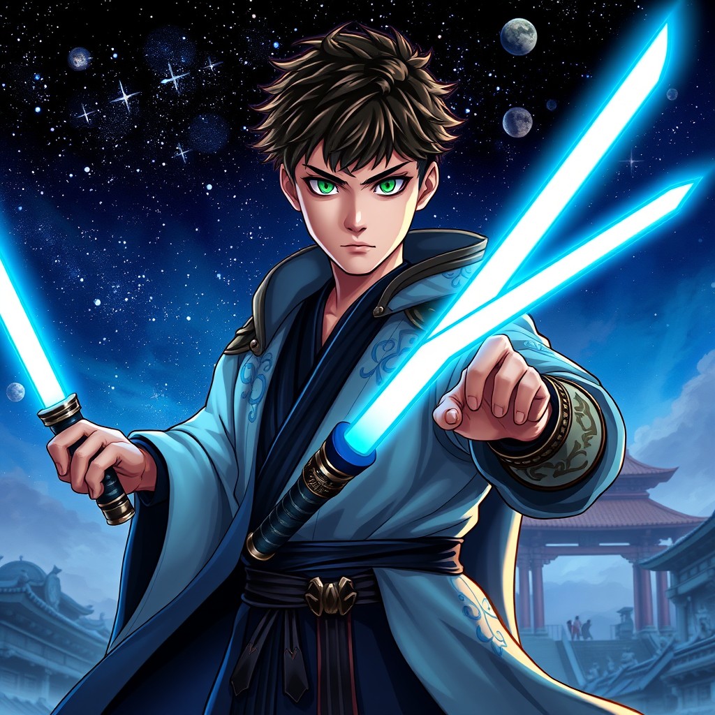 A captivating illustration of a young man who is half Jedi and half Samurai, showcasing vibrant green eyes that reflect determination and wisdom