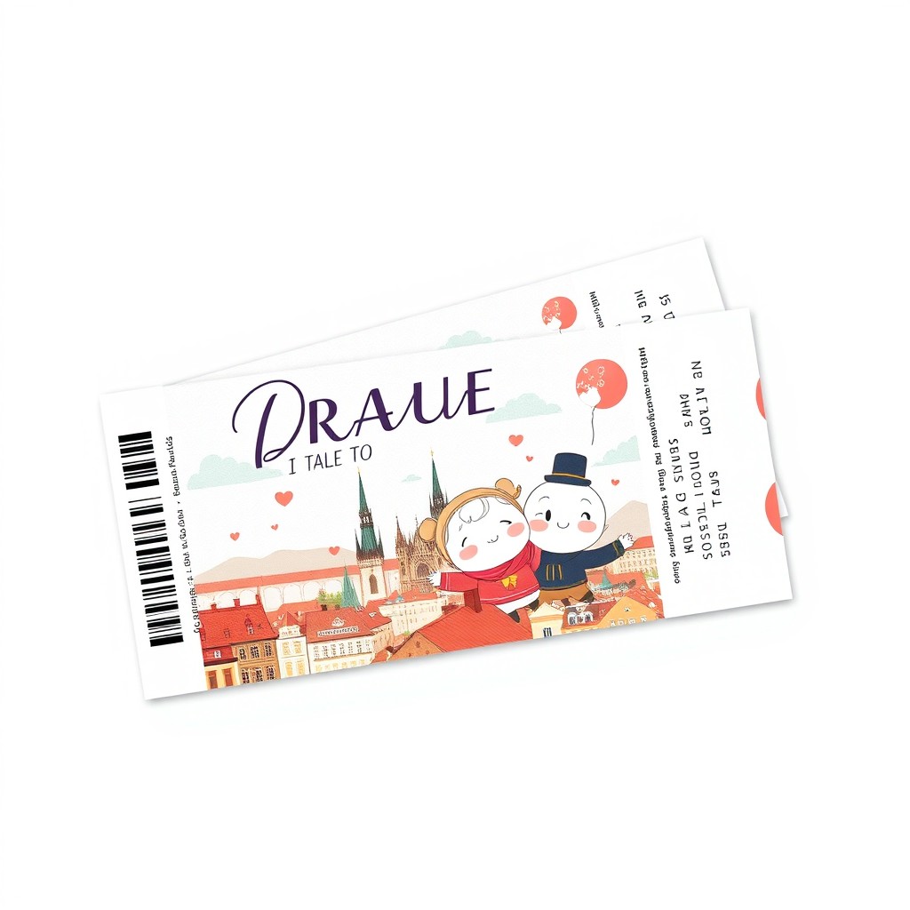 A beautifully designed travel ticket envelope for a trip to Prague, featuring the beloved characters Dudu and Bubu in a playful and adventurous pose