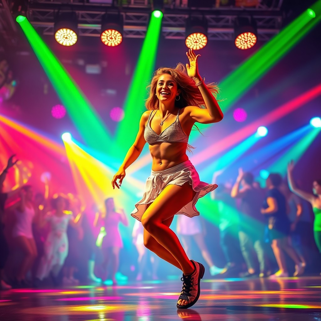 A vibrant and dynamic scene of a joyful figure dancing energetically under colorful lights