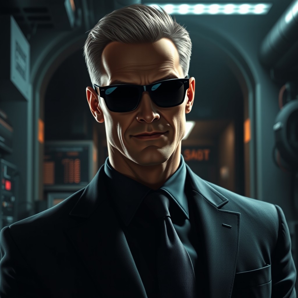 A highly detailed portrayal of Albert Wesker, a character known for his slick black sunglasses, dark business attire, and a confident demeanor