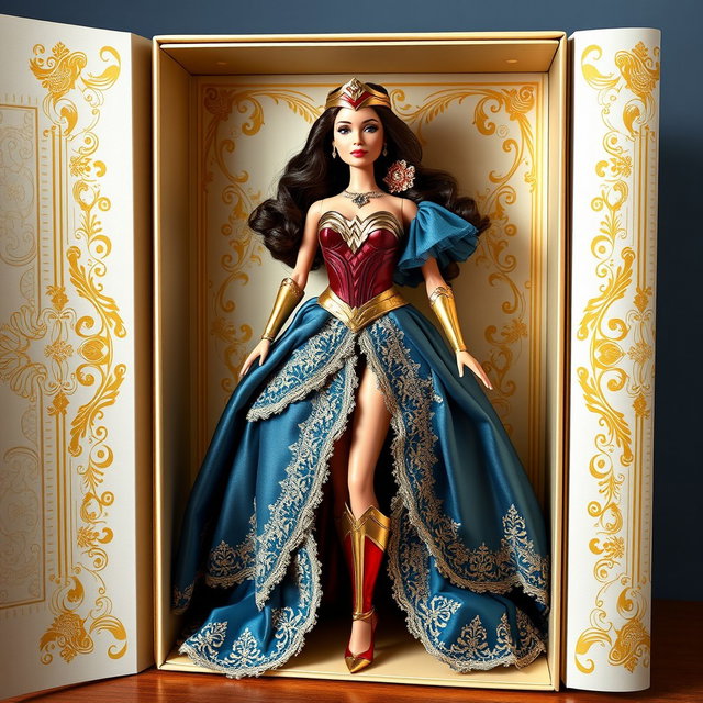 An exquisite illustration of a Barbie doll styled as Wonder Woman, showcasing her full body gracefully posed inside her collector's box