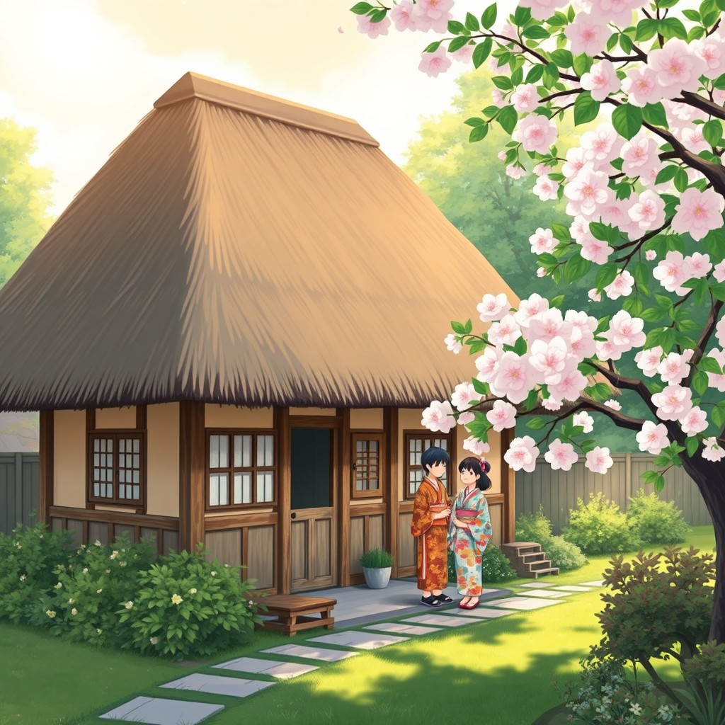 A charming scene depicting a traditional Japanese old thatched cottage, complete with a steeply sloped roof and wooden beams