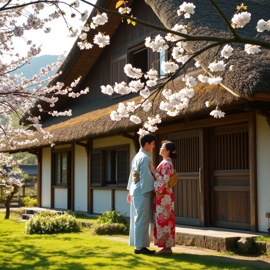 A picturesque scene featuring a traditional Japanese old thatched cottage, characterized by its steep, gracefully curved roof and wooden construction