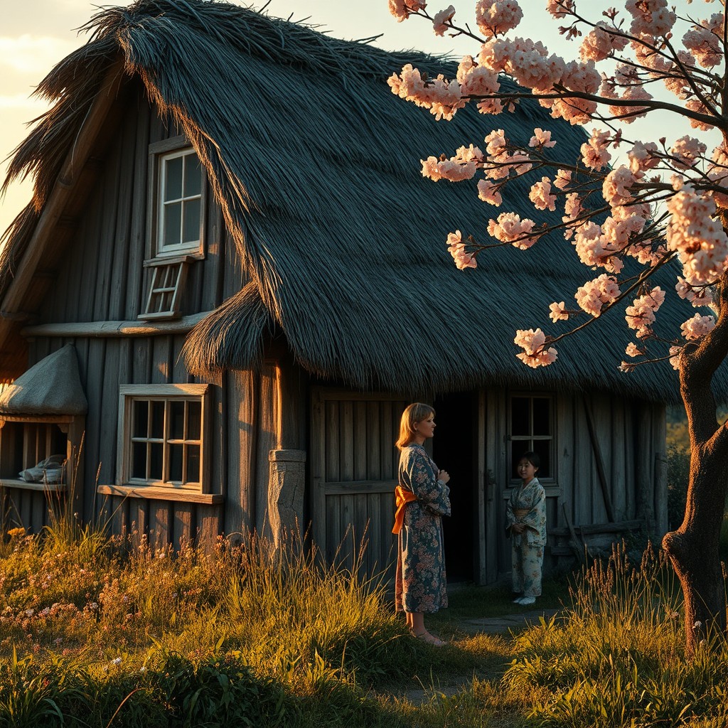 A whimsical and evocative scene featuring a charming yet old tumble down Japanese thatched cottage, showcasing a sagging roof and weathered wooden beams that hint at its rustic history