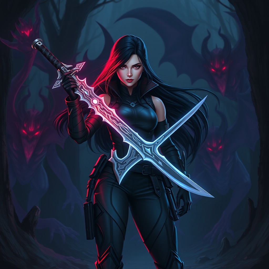 A dynamic and heroic character named Kate Kuray, standing confidently in a dark, mystical forest, wielding an intricate sword glowing with an otherworldly light
